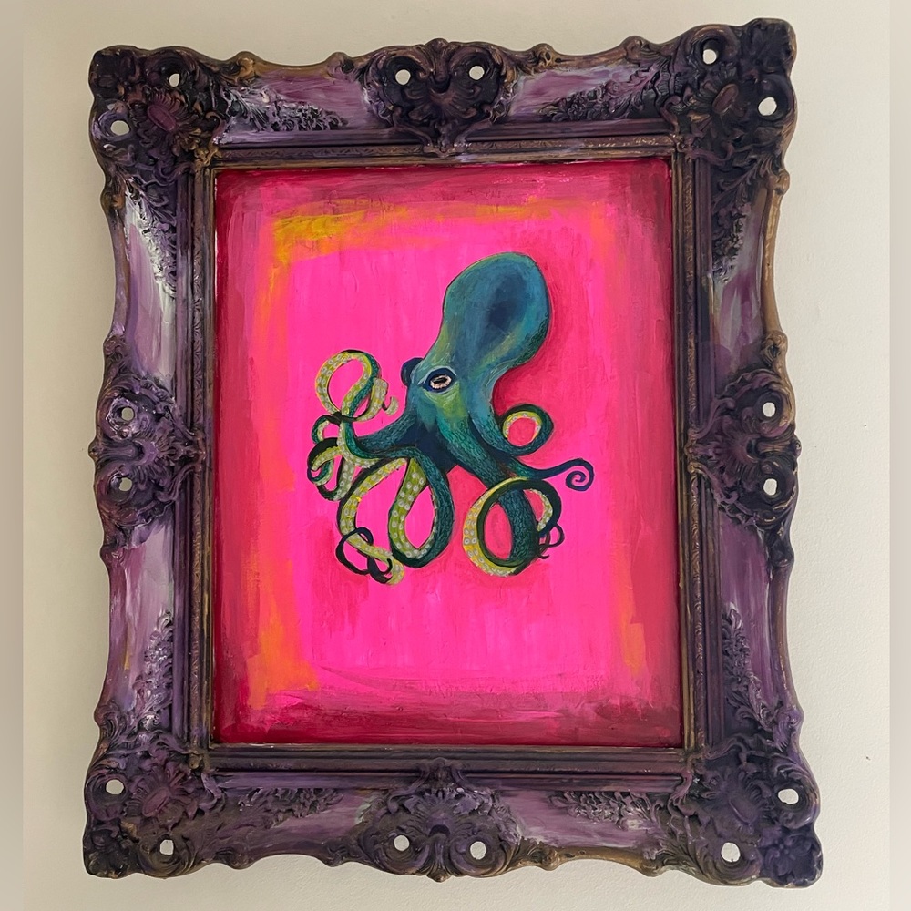 Original Octopus Acrylic Painting over a Thrifted Framed Art Print - 26x22” - Picture 1 of 9